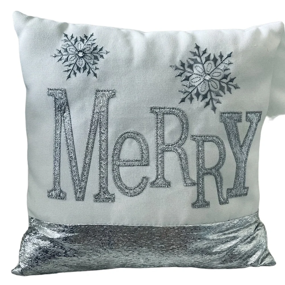 “Merry” silver metallic embroidered on white snowflake holiday Christmas pillow